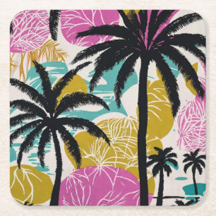 Posavasos Cuadrado De Papel Patrón de palma tropical colorido