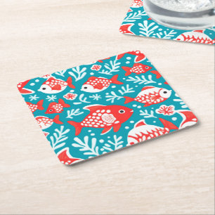 Posavasos Cuadrado De Papel Patrón de peces rojos y blancos azul