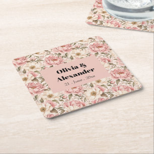 Posavasos Cuadrado De Papel Patrón de peonías florecidas vintage