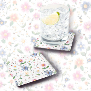 Posavasos Cuadrado De Papel Patrón de pequeñas mariquitas y flores