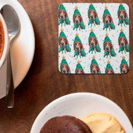 Posavasos Cuadrado De Papel Patrón de perro Basset Hound lindo en Navidad