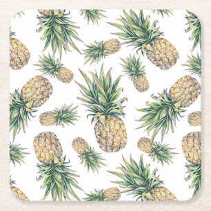 Posavasos Cuadrado De Papel Patrón de piña acuarela