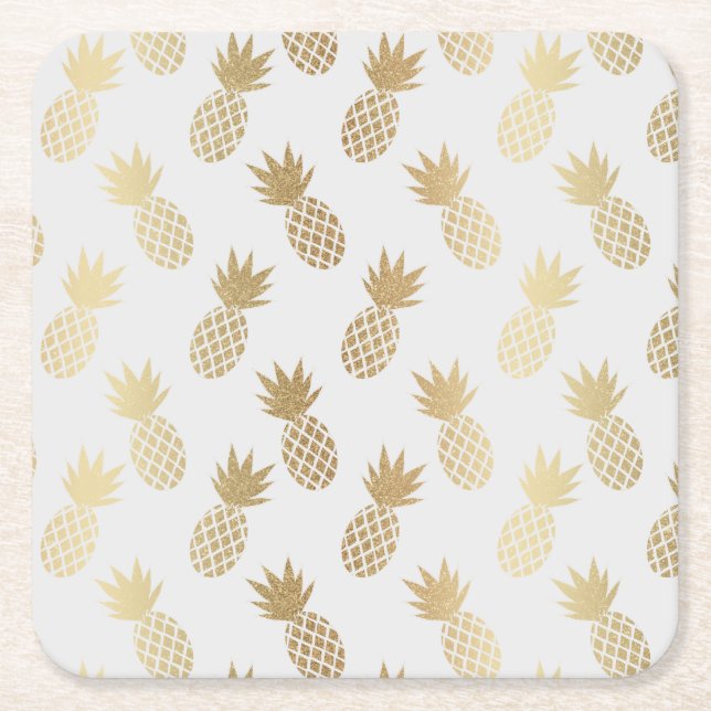 Posavasos Cuadrado De Papel Patrón de piña dorada (Anverso)