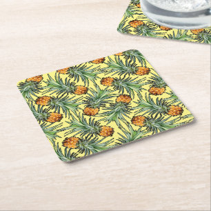 Posavasos Cuadrado De Papel Patrón de piña tropical en amarillo