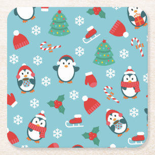 Posavasos Cuadrado De Papel Patrón de Pingüinos Navideños Adorables