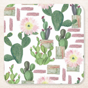 Posavasos Cuadrado De Papel Patrón de pintura de color de agua Cactus sin foco