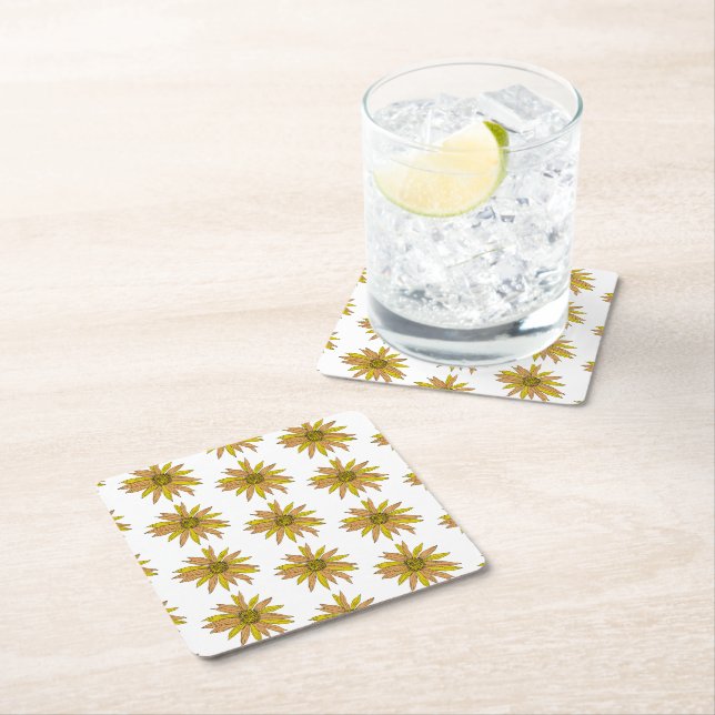 Posavasos Cuadrado De Papel Patrón de pintura de flores amarillas marrones (In situ)