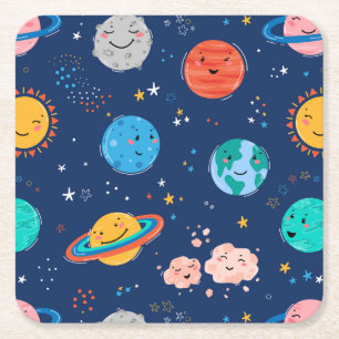 Posavasos Cuadrado De Papel Patrón de planeta sonriente