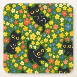 Posavasos Cuadrado De Papel Patrón de prado floral con gatos negros lindos
