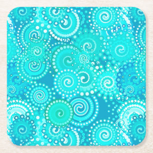 Posavasos Cuadrado De Papel Patrón de remolino fractal, tonos turquesa