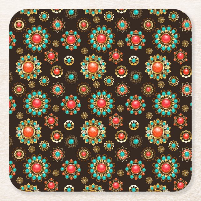 Posavasos Cuadrado De Papel Patrón de Seamless Brooches Étnicos (Anverso)