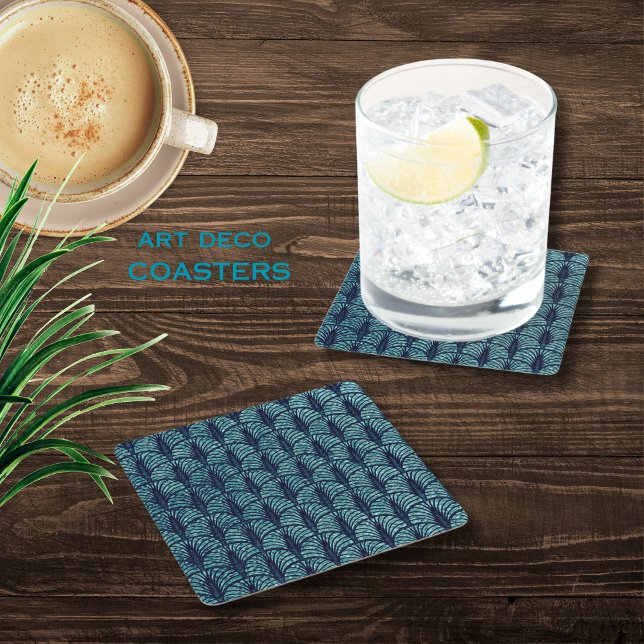 Posavasos Cuadrado De Papel Patrón de ventilador Art Deco Azul (Art Deco Fan Pattern Blue Square Paper Coaster)