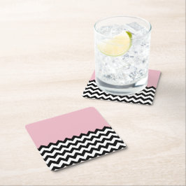 Posavasos Cuadrado De Papel Patrón de zigzag negro y blanco, chevron, rosa