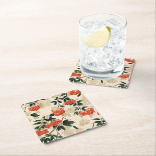 Posavasos Cuadrado De Papel Patrón decorativo de Berry en blanco y rojo