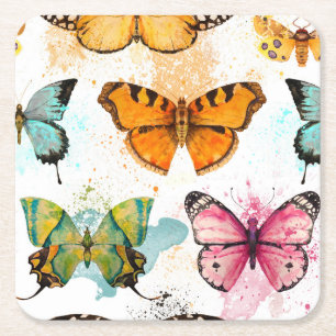 Posavasos Cuadrado De Papel Patrón delgado sin foco de mariposa acuarela