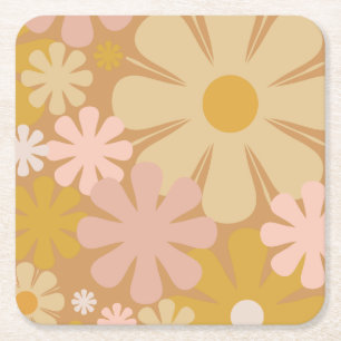 Posavasos Cuadrado De Papel Patrón estético floral de los años 70 retro