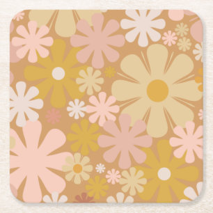 Posavasos Cuadrado De Papel Patrón estético floral de los años 70 retro