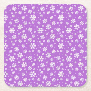 Posavasos Cuadrado De Papel Patrón festivo de copos de nieve morado y blanco