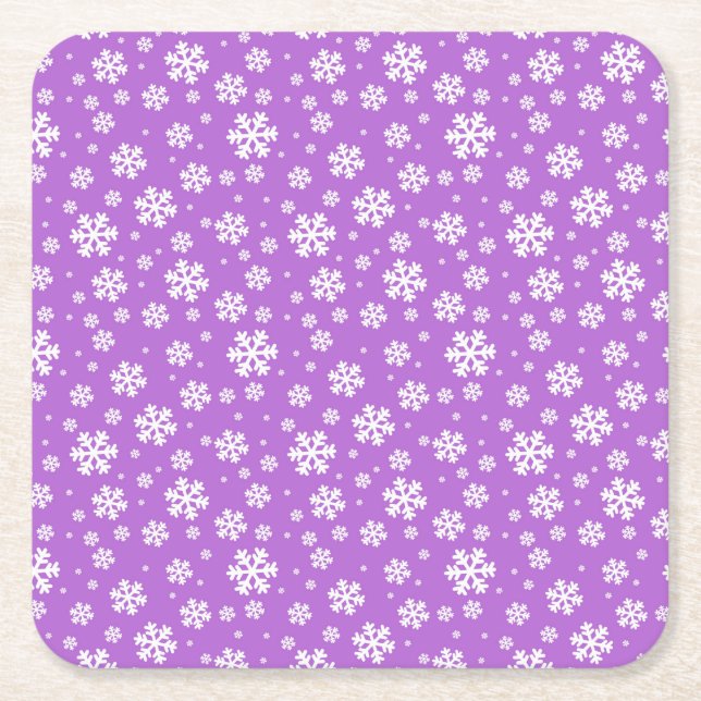 Posavasos Cuadrado De Papel Patrón festivo de copos de nieve morado y blanco (Anverso)