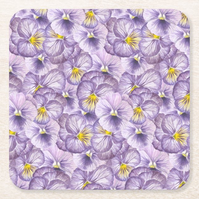 Posavasos Cuadrado De Papel Patrón floral acuarela con paneles violetas (Anverso)