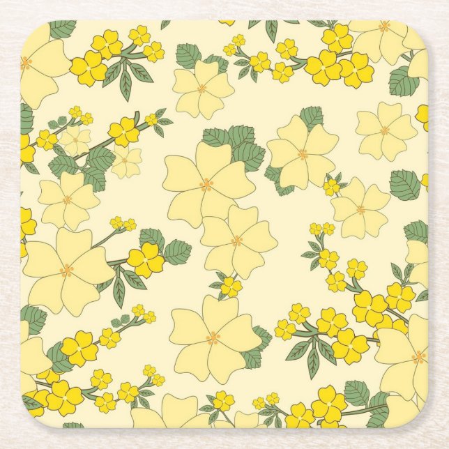 Posavasos Cuadrado De Papel Patrón floral amarillo (Anverso)