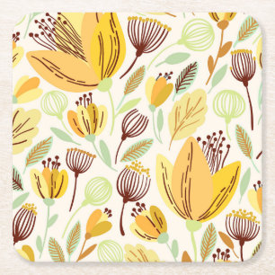Posavasos Cuadrado De Papel Patrón floral amarillo con mano corta