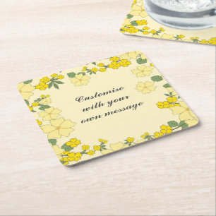 Posavasos Cuadrado De Papel Patrón Floral Amarillo de Primavera con Texto Pers