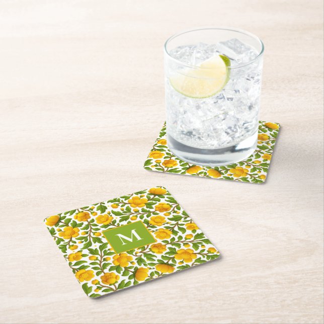 Posavasos Cuadrado De Papel Patrón floral amarillo - Monograma personalizado (In situ)