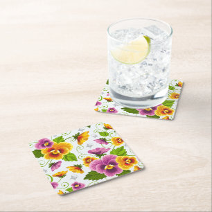Posavasos Cuadrado De Papel Patrón floral amarillo y rosa