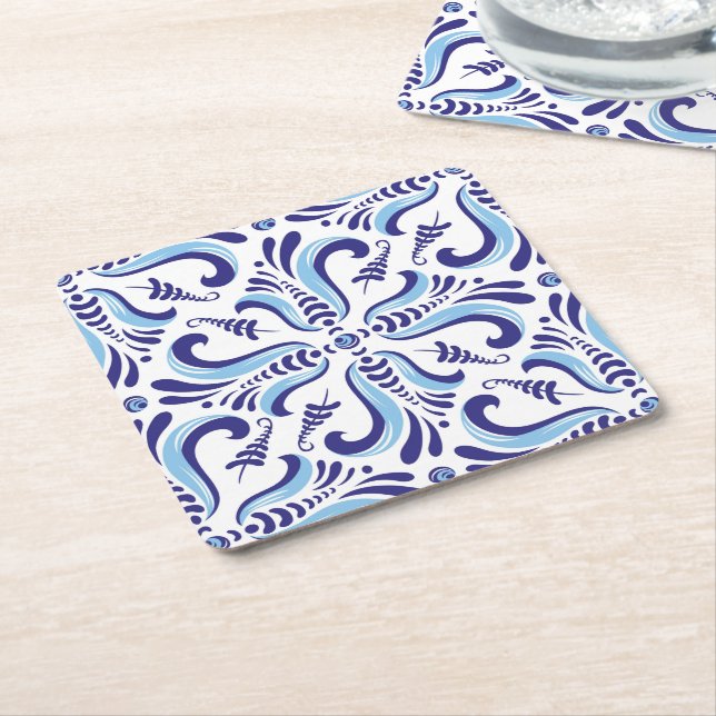 Posavasos Cuadrado De Papel Patrón floral azul de Azulejos (En perspectiva)