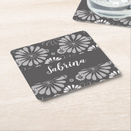 Posavasos Cuadrado De Papel Patrón floral blanco y gris