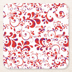 Posavasos Cuadrado De Papel Patrón floral blanco y rojo