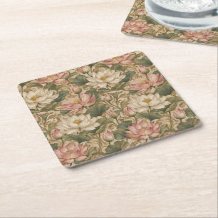 Posavasos Cuadrado De Papel Patrón floral botánico de loto de agua vintage