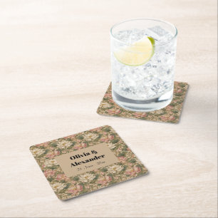 Posavasos Cuadrado De Papel Patrón floral botánico de loto de agua vintage