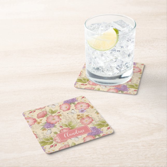 Posavasos Cuadrado De Papel Patrón floral botánico rosa elegante (In situ)