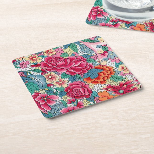 Posavasos Cuadrado De Papel Patrón floral chino colorido (En perspectiva)