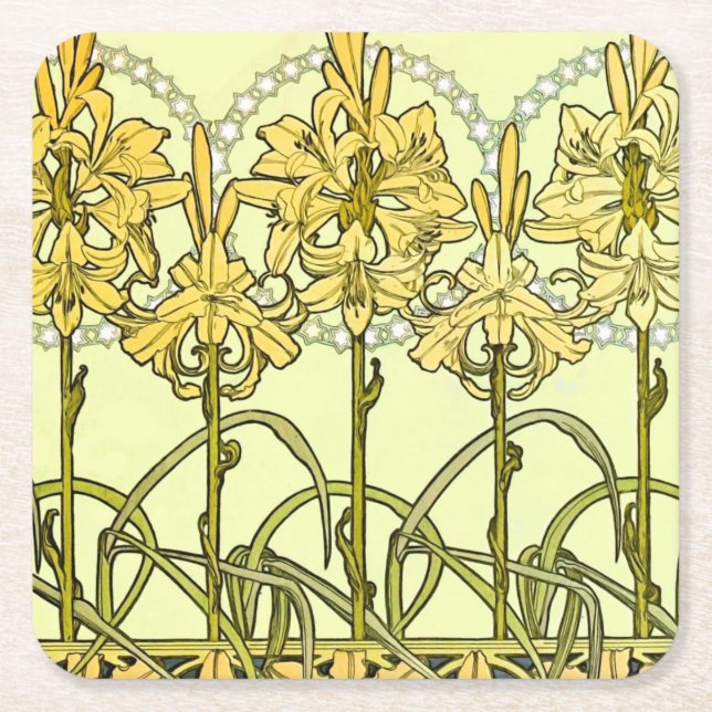 Posavasos Cuadrado De Papel Patrón floral de Alfonse Mucha Art Nouveau Lily (Anverso)