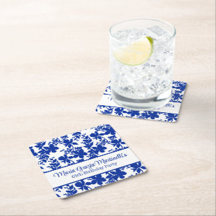 Posavasos Cuadrado De Papel Patrón floral de Blue Azure Fiesta de cumpleaños