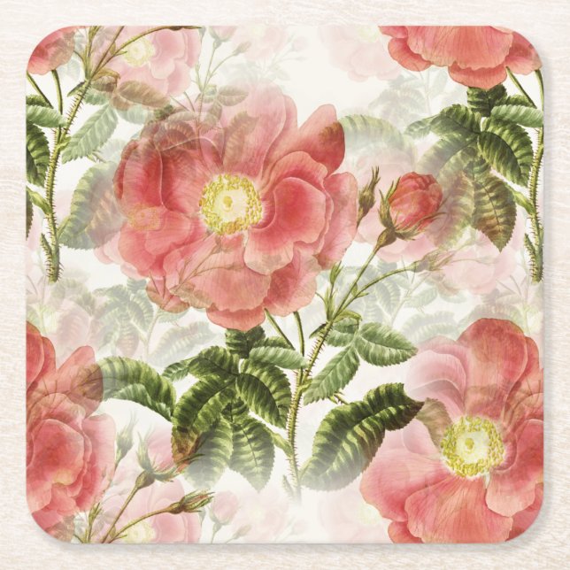 Posavasos Cuadrado De Papel Patrón floral de camellia rosa (Anverso)