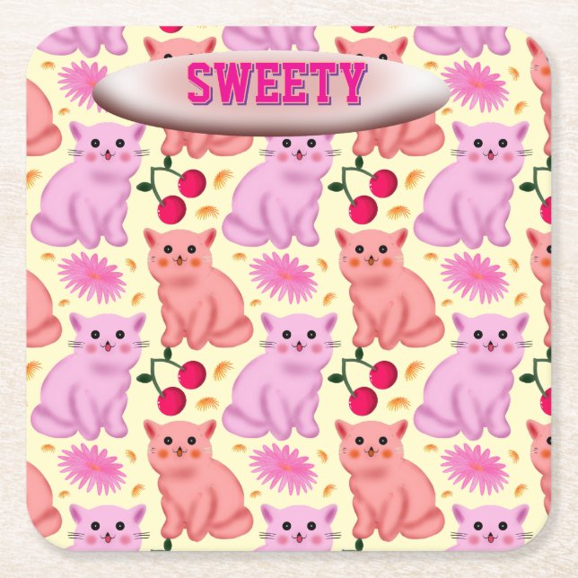 Posavasos Cuadrado De Papel Patrón Floral de Cereza de Gato Lindo Personalizad (Anverso)