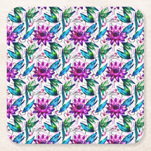 Posavasos Cuadrado De Papel Patrón floral de color de agua boho