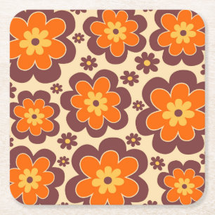 Posavasos Cuadrado De Papel Patrón floral de estilo retro de los años 60