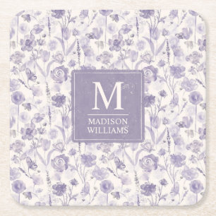 Posavasos Cuadrado De Papel Patrón floral de flores de acuarela púrpura lavand