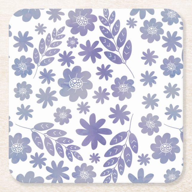 Posavasos Cuadrado De Papel Patrón floral de gris y lavanda (Anverso)