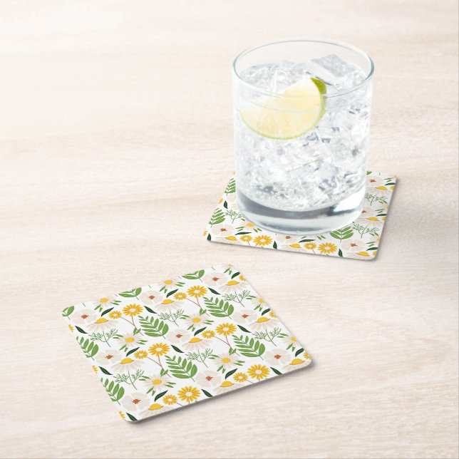Posavasos Cuadrado De Papel Patrón floral de margarita (In situ)