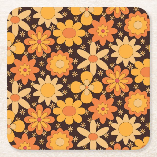 Posavasos Cuadrado De Papel Patrón floral de Retro Groovy Amarillo y Naranja (Anverso)
