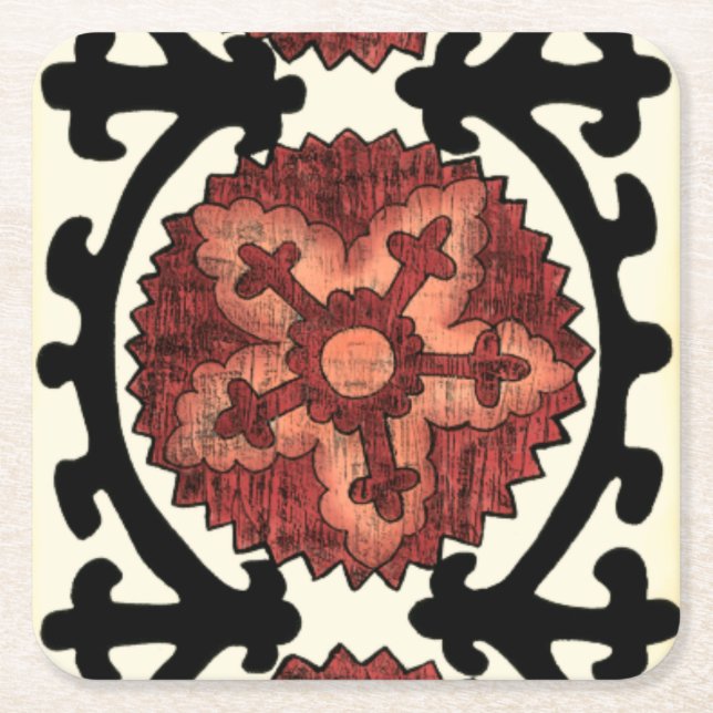 Posavasos Cuadrado De Papel Patrón floral decorativo de estilo suzani (Anverso)