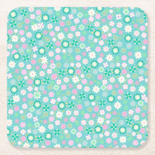 Posavasos Cuadrado De Papel Patrón floral Ditsy Verde azulado color rosa dulc