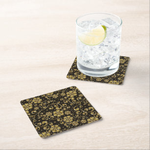 Posavasos Cuadrado De Papel Patrón floral dorado y negro