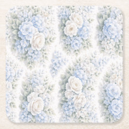 Posavasos Cuadrado De Papel Patrón Floral Elegante de Acuarela Azul Suave Blan